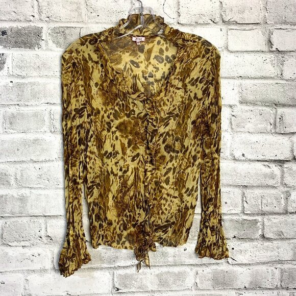 Vintage Y2K Sheer Leopard Print Flare Sleeve Ruffle V-Neck Blouse - Picture 1 of 12
